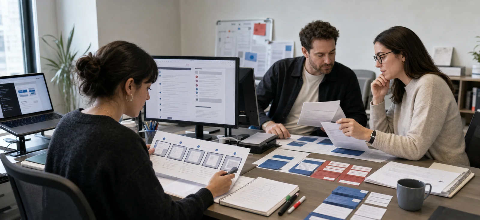 Product education team reviewing a release record, tutorial storyboard and support questions for the same software update.