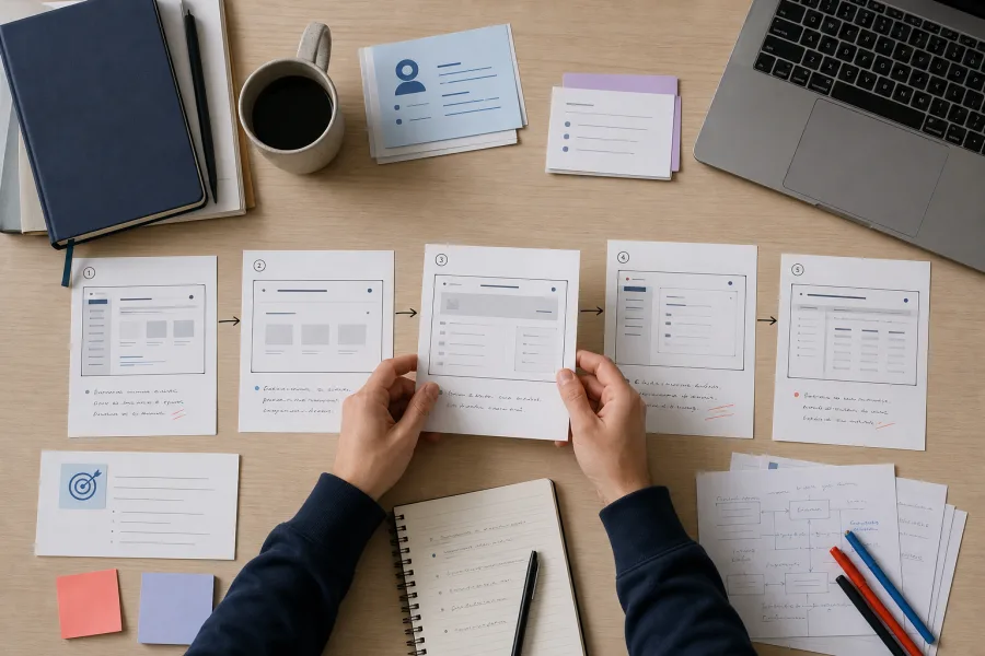 Hands arranging tutorial storyboard frames beside release notes and a neutral software workflow.